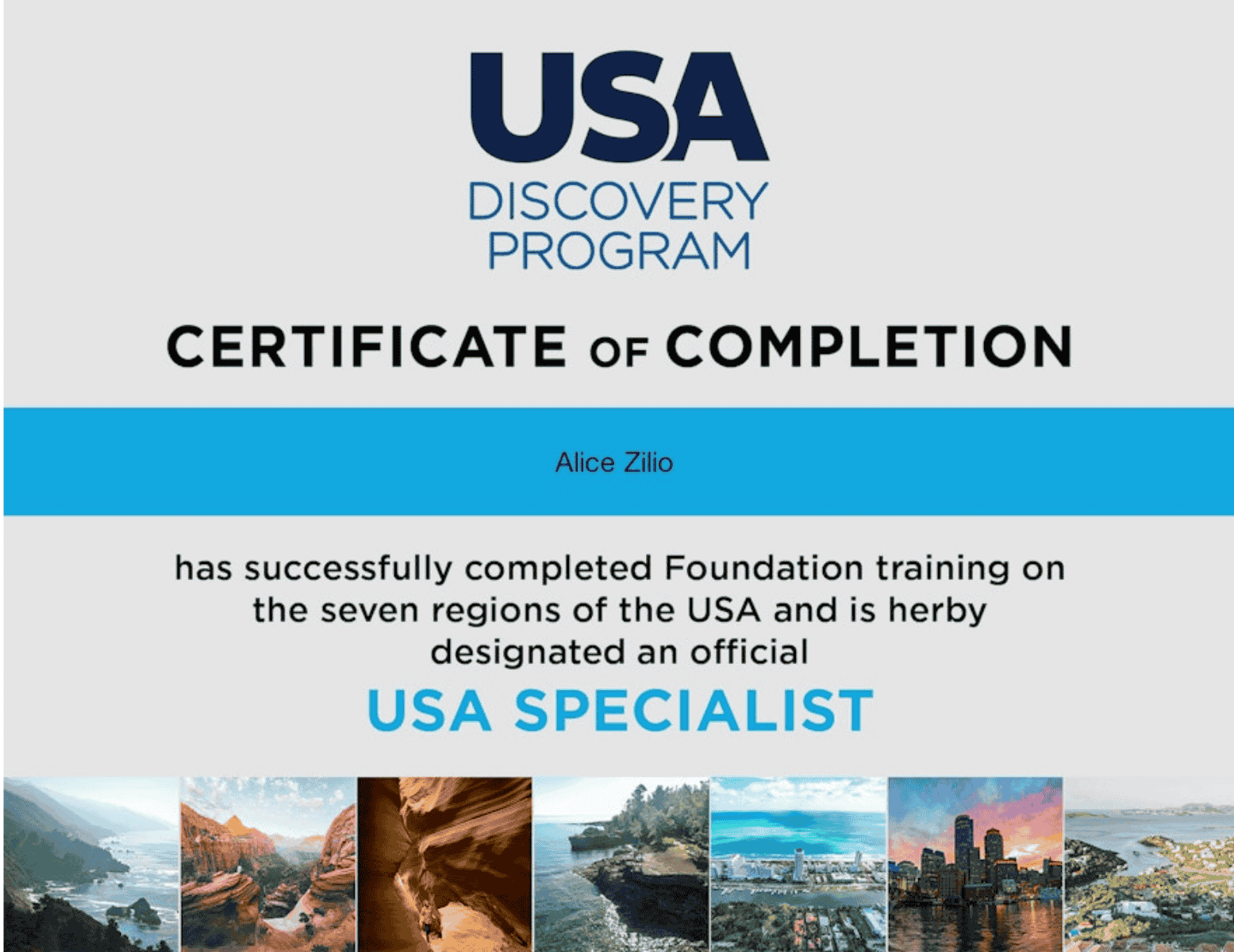 Diploma dell'ente usa discovery program che attesta che Alice Zilio travel designer ha completato con successo il corso ed ora è esperta di destinazione stati uniti