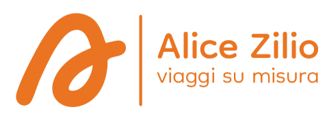 Logo su sfondo trasparente con un simbolo astratto arancione a sinistra e la scritta "Alice Zilio viaggi su misura" in arancione a destra.